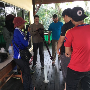  Emily demonstrates calibration technique with D.I. water while Fadwa, Amir, Phil, Fikri, and Zadie look on.